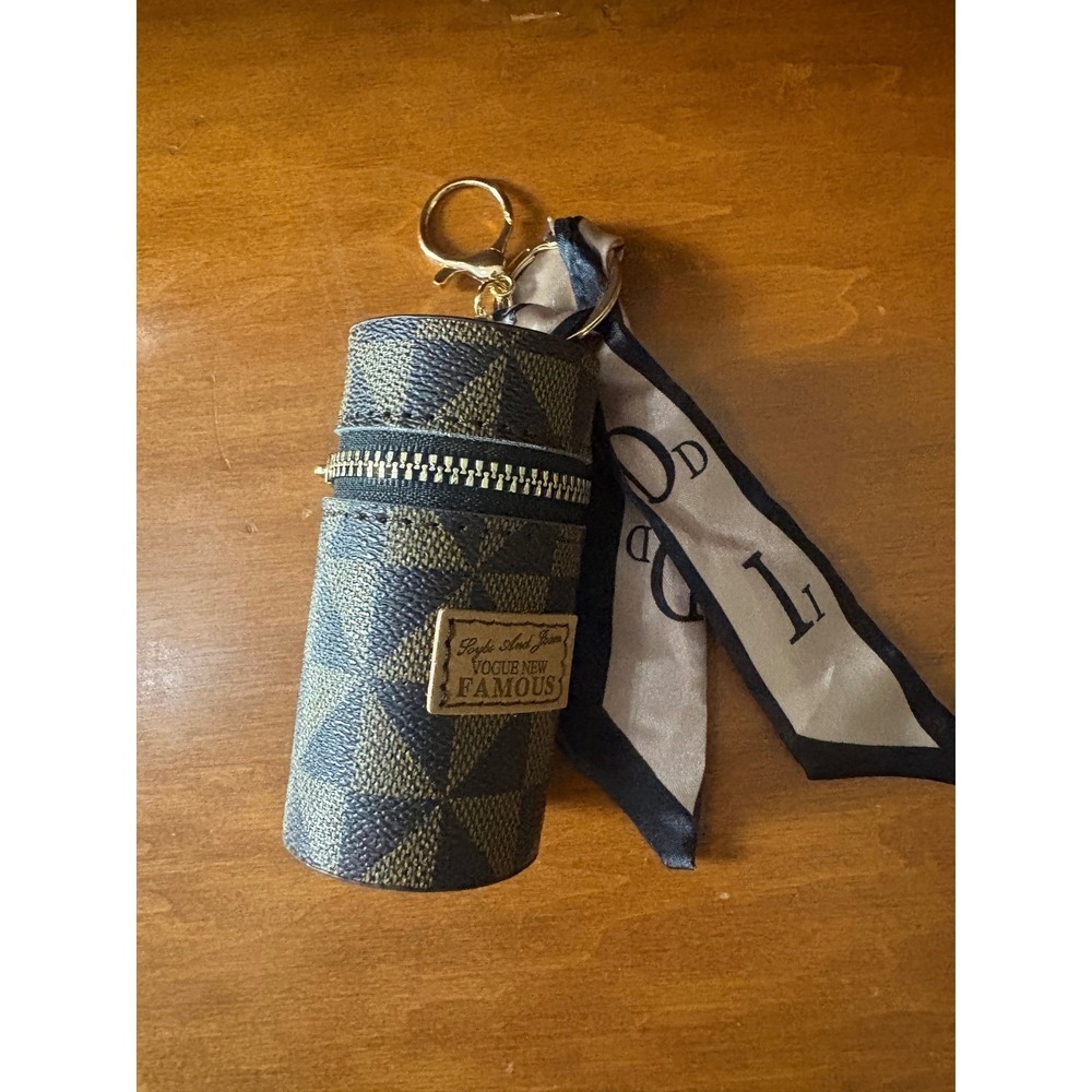 Cylindrical‎ Lipstick Case Keychain with Scarf Accent Brown Tan